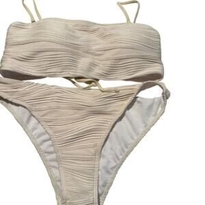 Zaful Women Cream Bandeau Bikini Strapless Textured Tie Back Set M